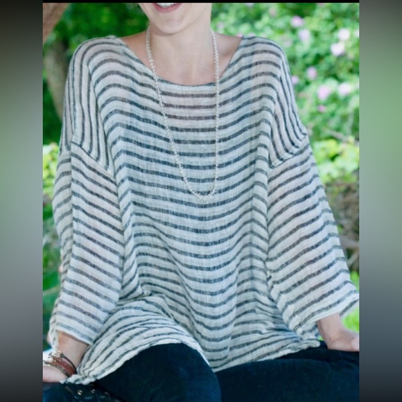 Paper Lace Tops - Paper Lace Pure Linen Gauze Striped Tunic Blouse cover up lightweight Summer O/S